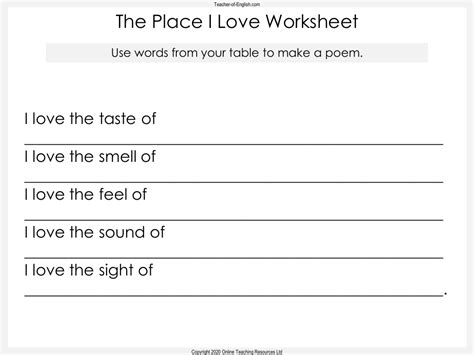 Using The Senses Lesson 5 Your Poem Worksheets English Kindergarten