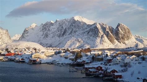 Snow And Mountains In Reine Village During Winter At The Lofoten