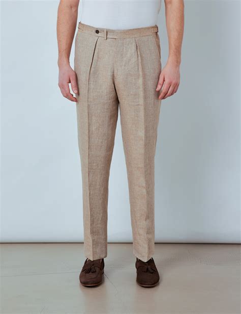 Mens Beige Linen Pleated Tailored Fit Linen Trousers 1913 Collection Hawes And Curtis