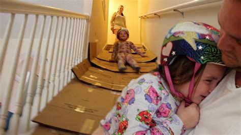 Cardboard Stair Slide Challenge Fail Stair Sledding At Its Best