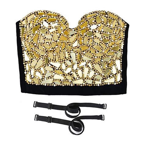 Womens Sexy Golden Sequins And Beads B Cup Bustier Bra Clubwear Crop