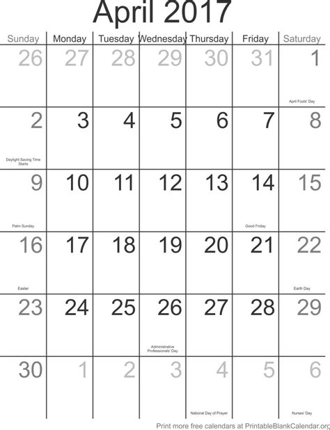 April 2017 Printable Calendar Printable Blank