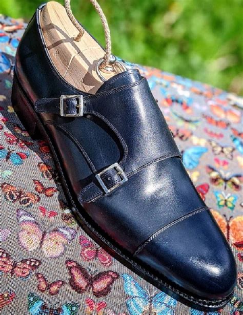 Handmade Navy Blue Leather Double Monk Strap Dress Shoes For Mens On