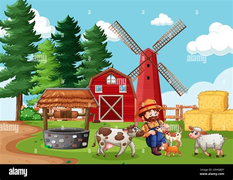 Farmer With Animal Farm In Farm Scene In Cartoon Style Illustration