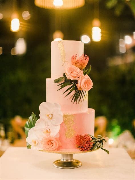 Modern Pink Wedding Cake With Tropical Flowers