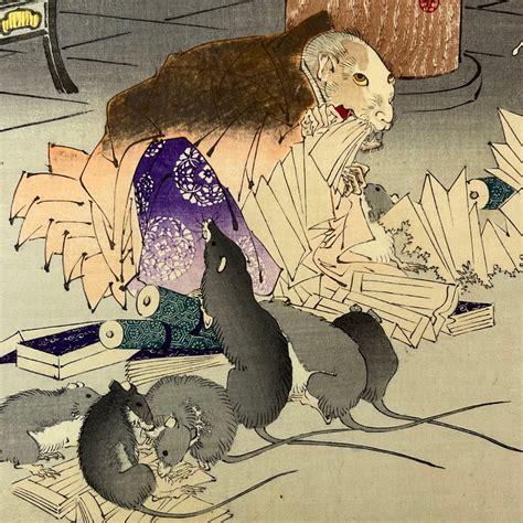 Yoshitoshi Giclee Woodblock Print Villainous Rats Of Mii Temple Seri