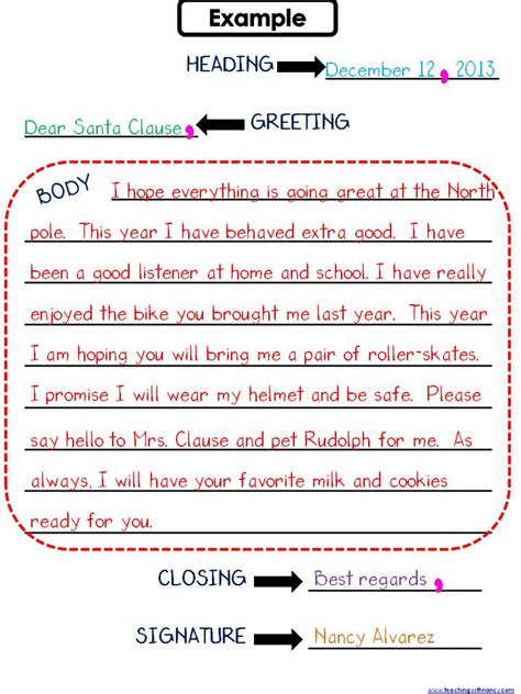 Friendly letter format anchor | 5th grade sra imagine it intended for letter format for 6th graders. Friendly Letter to Santa | Teaching with Nancy