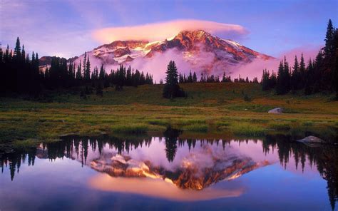 Mount Rainier Lake National Park Washington Us State Sunrise Spring Landscape Desktop Hd