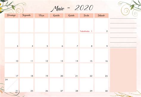 Planner Mensal 2020 Para Imprimir Maio Planejador Imprimível