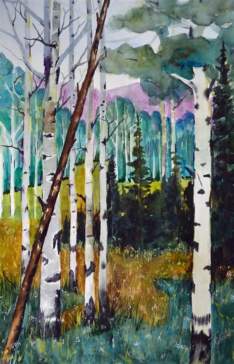Watercolor Painting Original Fine Art Aspen Tree Aspen And Lavender