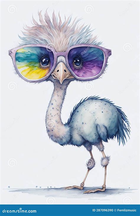 Ostrich Wearing Colorful Sunglasses Watercolor Stock Illustration
