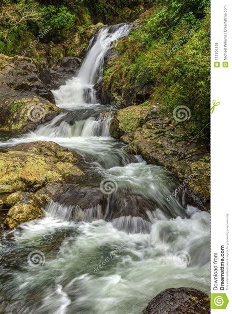 Waterfall With Multiple Cascades Running Through Forest Stock Image