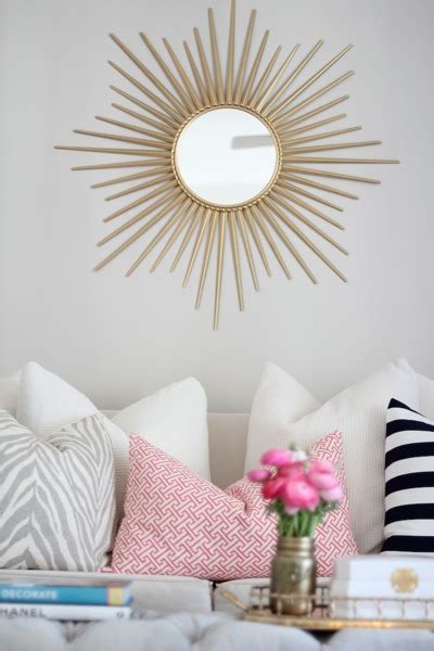 Gold Sunburst Mirror Over Sofa Contemporary Living