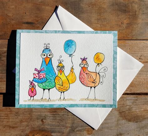Whimsical Birthday Card Birthday Bird Watercolor Original Etsy