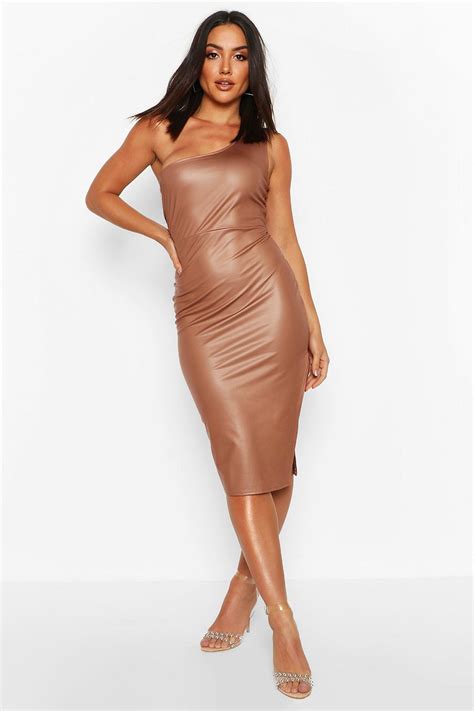 Faux Leather One Shoulder Midi Dress Unique Prom Dresses Bodycon Fashion Leather Look Dress