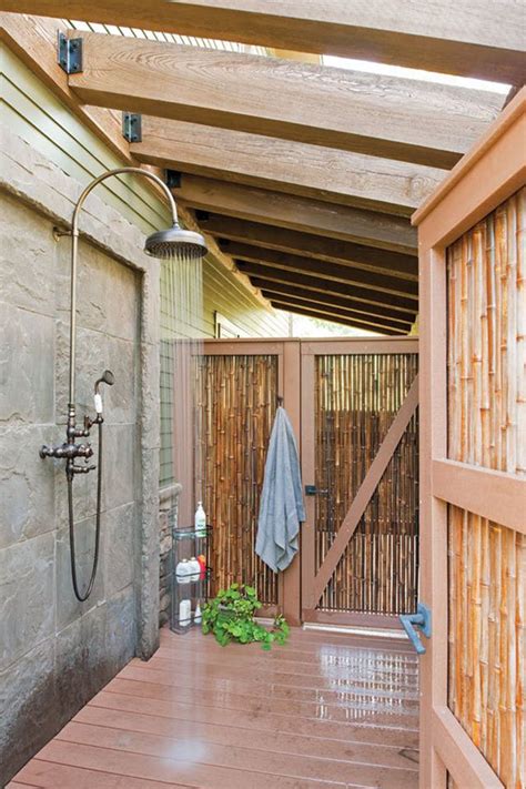 Private Outdoor Shower With Wood And Bamboo Accents Homemydesign