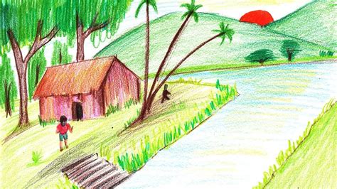 How to draw a garden scenery. How to Draw a Village with Lake Sunset Scene - Step by ...