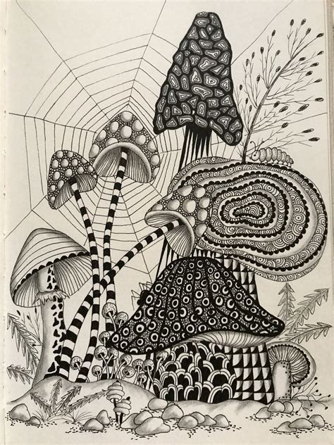 Mushrooms And A Spider Web Painting And Drawing Doodle Art Drawing