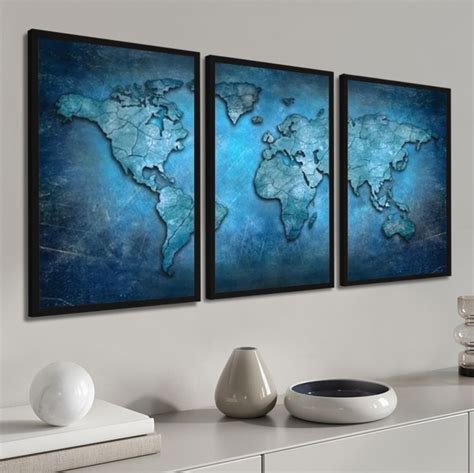 Quadro Decorativo Mapa Mundi Azul Países Molduras Elo