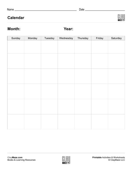 Blank Calendar Childrens Educational Workbooks Books And Free Worksheets