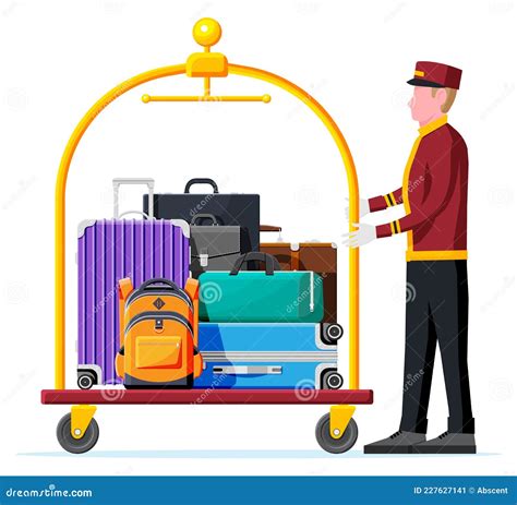 Hotel Luggage Cart Full Of Luggage And Bellhop Stock Vector