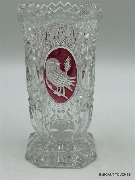 Vintage Hofbauer Red Byrdes Bird Ruby Round Etched Vase German Lead Crystal 6 Hofbauer German