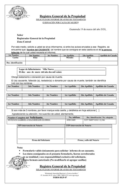 Solicitud De Informe De Testamento Registro General De La Propiedad