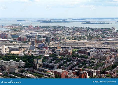 Boston City Skyline Aerial Panorama View With Urban Buildings Midtown