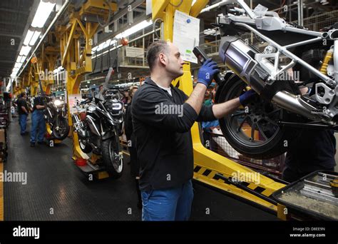 Berlin Germany Employees On The Assembly Line At The Bmw Motorrad