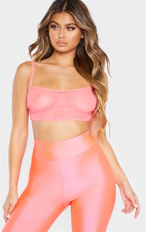 Neon Pink Mesh Strappy Crop Top Tops Prettylittlething