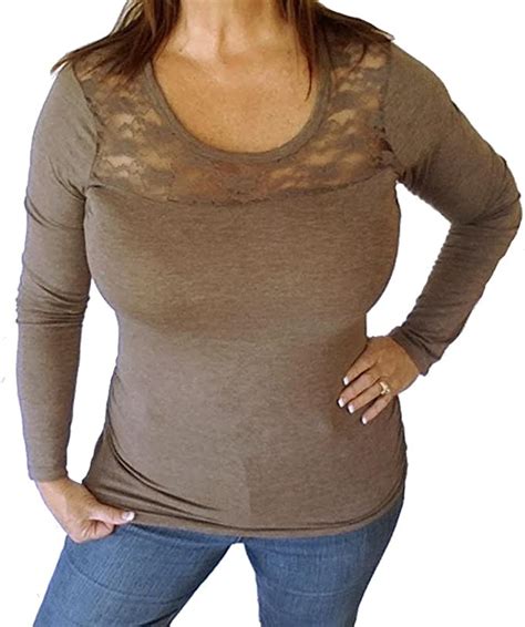 Brown Womens Thermal Low Cut Cleavage Plus Size Long Sleeve Top 1x2x