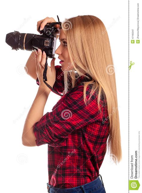 Glamour Woman Photographer Takes Images Isolated On White Stock Image