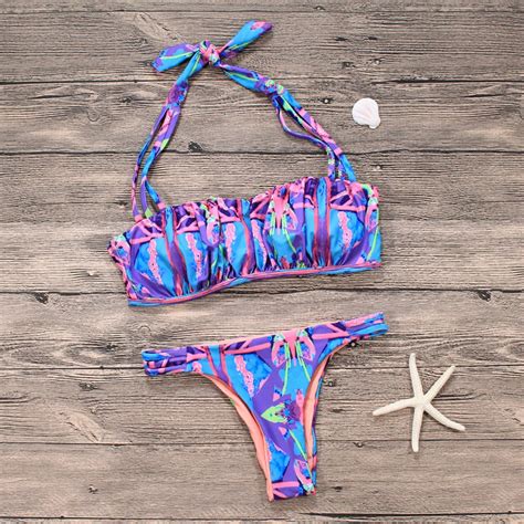 Midou Bandage Bikini 2019 Print Strapless Swimwear Women Push Up Bathing Suit Patchwork Swimsuit