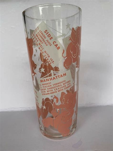 Hazel Atlas Dancing Pink Elephant Mixer Recipes Liquor Heavy Glass