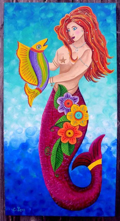 Whimsical Folk Art Mermaid With Fish On By Gulfportartist On Etsy 188