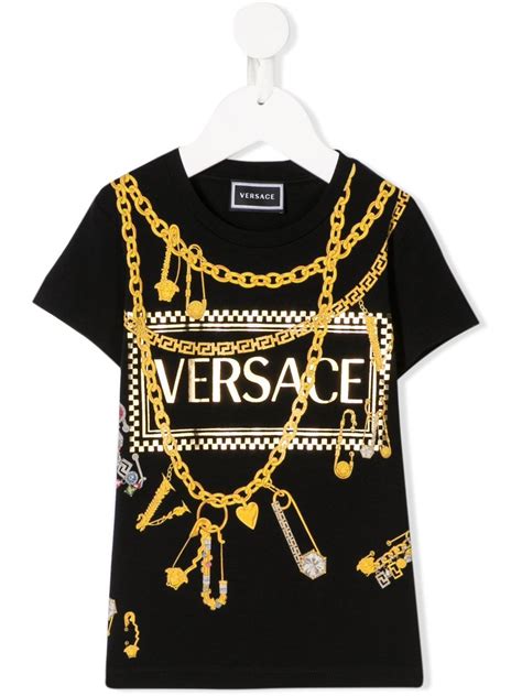 Black Cotton Blend Chain Print Branded T Shirt From Young Versace