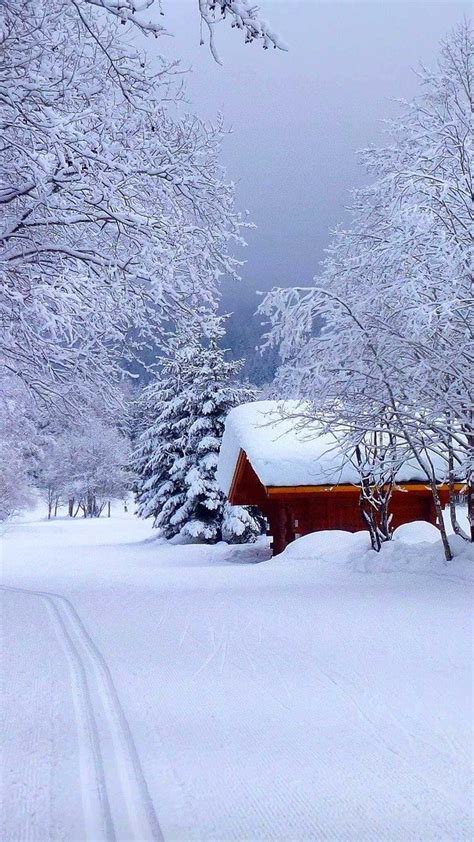Download Red Barn With Snow Falling Wallpaper