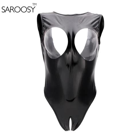 saroosy sexy elastic pvc vinyl black bodysuit for women high cut thong open cup erotic leotard