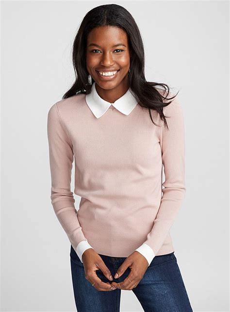 I think what makes the rubato styling successful is the shorter, rounded polo collar that they flip up over the sweater to give it an effortless, nonchalant feeling. Contrast collar polo shirt - Sweaters - Dusky Pink | Shirt ...