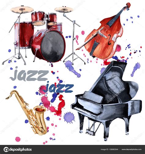 Jazz Instruments Saxophone Piano Drums And Double Bass Isolated On