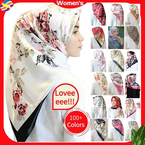 34 Colors Satin Bawal Corak Muslimah Hijab Scarf Floral Print Tudung Bawal Square Headscarf