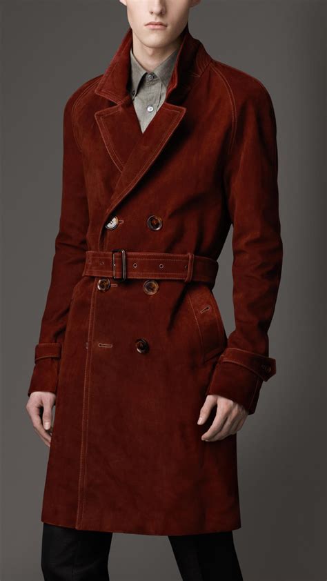 Lyst Burberry Mid Length Waxed Suede Trench Coat In Brown For Men