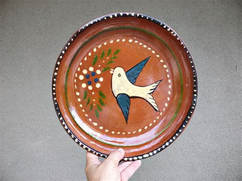 Mexican Pottery Plate Bird Decor Capula Michoacan Redware Mexican Decor