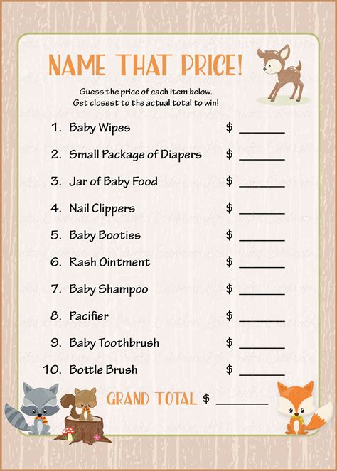 Name That Price Baby Shower Game Forest Animals Woodland Baby Shower