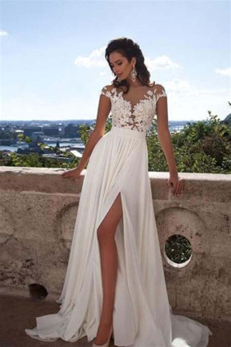 Top Lace Appliques Side Slit Chiffon Cap Sleeves Cheap Wedding Dress