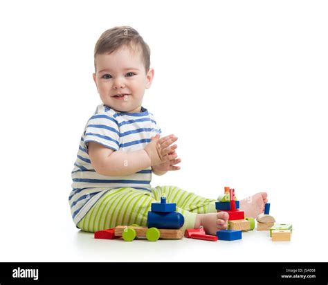 Baby Boy Playing With Blocks Toys Isolated On White Stock Photo Alamy