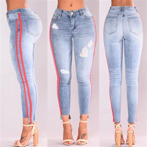Wkoud Fashion Irregularity Hole Jeans Women Push Up Side Striped Denim