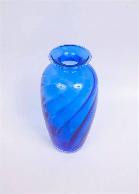 Vintage Cobalt Blue Glass Vase Swirl Ribbed Design Urn Flange Etsy