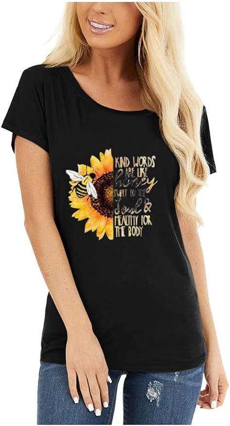 Yinrom Sunflower Shirts For Women Cute Graphic Tee Shirts Novelty Letter Print Short Sleeve