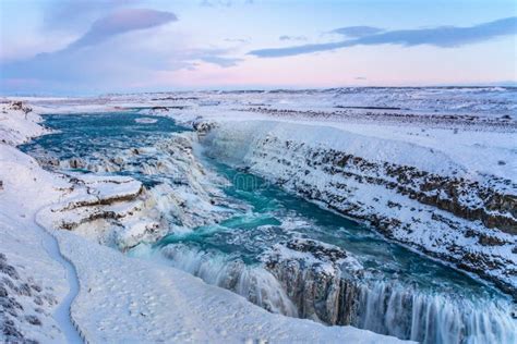 Frozen Gullfoss Falls In Iceland In Winter At Sunset Stock Photo